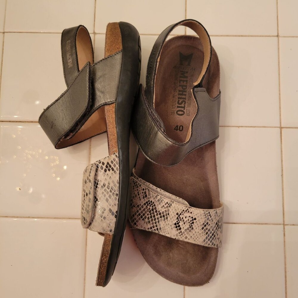 Mephisto Cork Footbed Sandals 10 Snakeskin Print Grey Leather AGAVE 40‎
